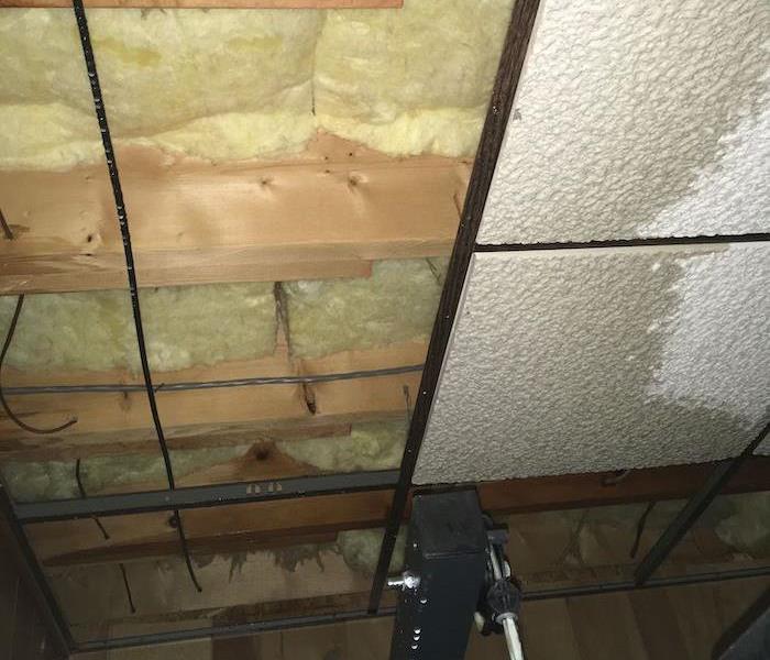 Ceiling with water spots and exposed insulation